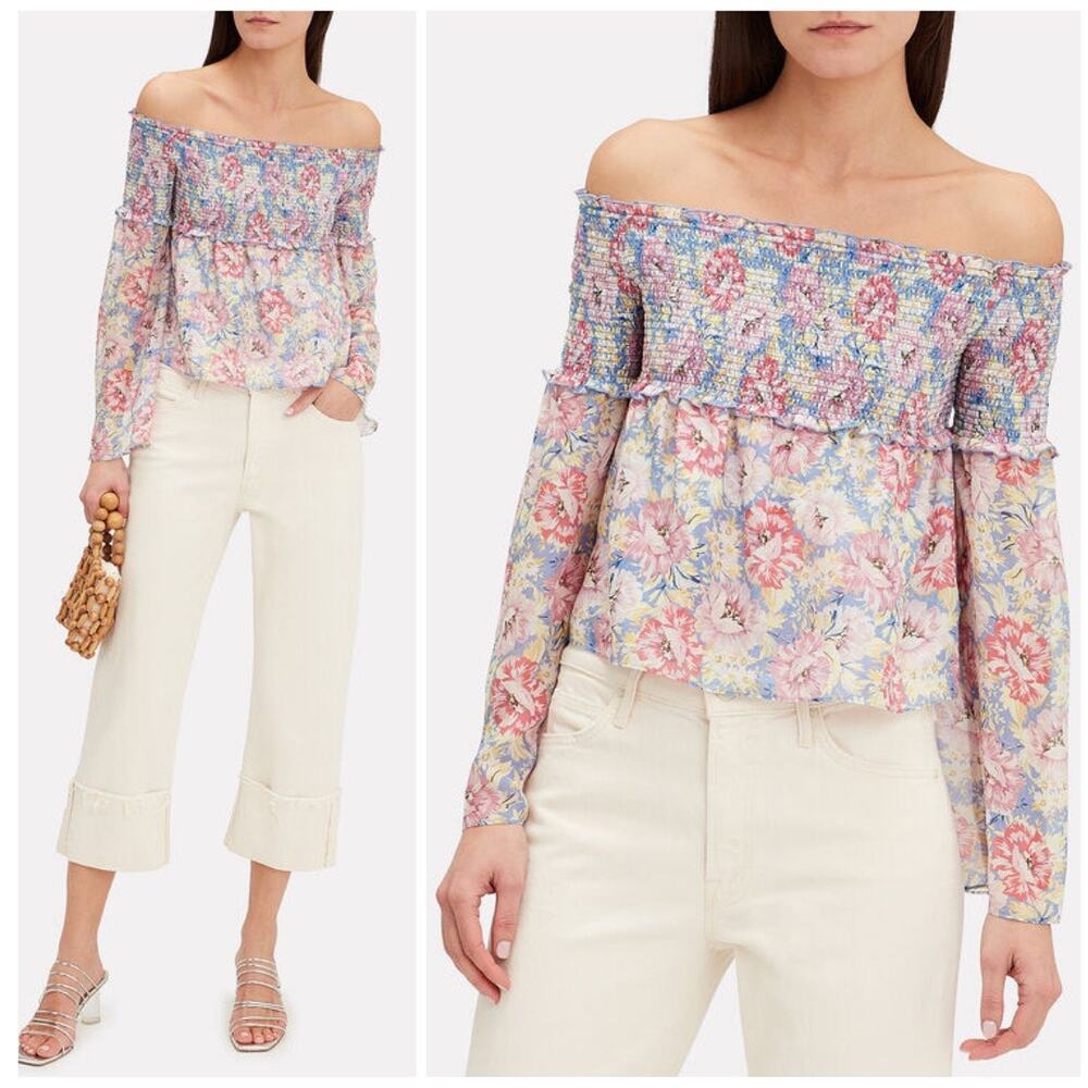 INTERMIX Lucy Silk Off-the-Shoulder Smocked Floral Long Sleeve Top | Small - Picture 1 of 10